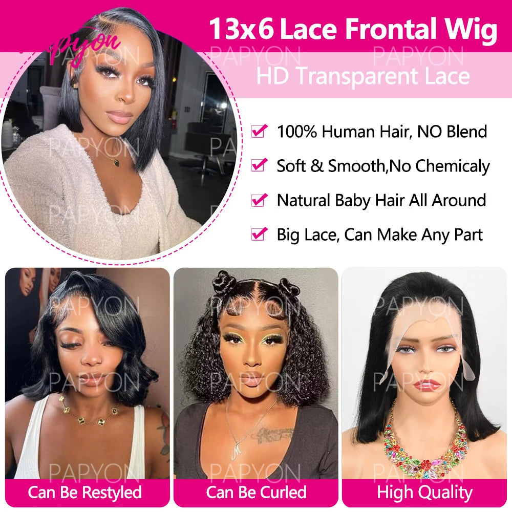 13x6 Straight Lace Frontal Brazilian Human Hair Short Bob Wig For Women 15A Straight Transparent Lace Front Bob Wigs 8 10 12 14 16 Inch